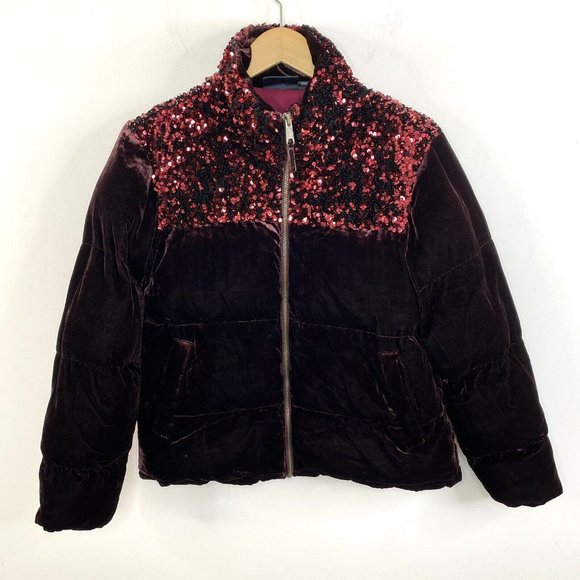 Anthropologie Maeve Vera Sequin & Velvet Puffer Jacket Maroon Red Size Small - Picture 1 of 4